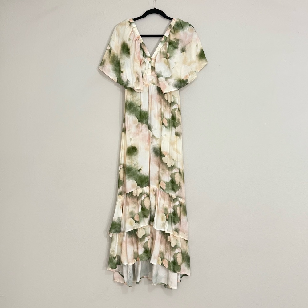 Arturo Calle Watercolor-Style Floral Print Dress, Tiered Ruffle Hem V-Neck Large
